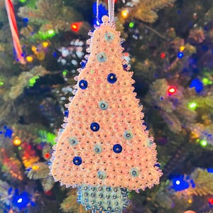 Handmade Christmas Ornament White and Blue Sequin and Bead Christmas Tree