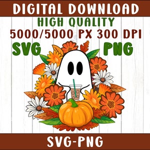 Flower Ghost Svg, Coffee lover ghost, Floral Ghost Svg, Flower Ghost Png, Cute Ghost Clipart, Cute Ghost Svg, Halloween coffee png,