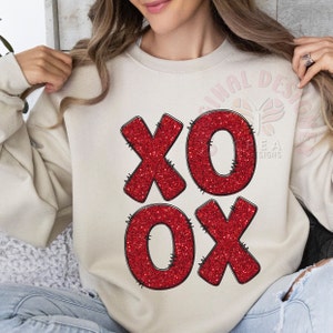 Red XOXO Sparkly Faux Sequins Doodle letters, Valentines Day Png, Love Xoxo Png, Valentines Day Shirt Design, Trendy Valentines Day Png