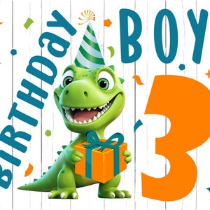 PNG de 3º aniversário, menino de aniversário de dinossauro PNG, dinossauro t-Rex, aniversário de três T-Rex, design de camisa T-Rex, dinossauro para crianças, menino de 3º aniversário