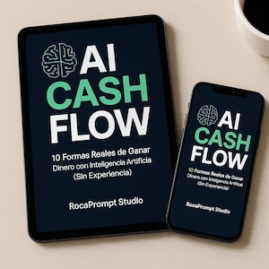Puede incluir: Una tableta y un teléfono inteligente muestran el texto "AI CASH FLOW" en blanco y verde, con un gráfico de cerebro. Debajo, el texto dice "10 Formas Reales de Ganar Dinero con Inteligencia Artificial (Sin Experiencia)" y "RocaPrompt Studio."