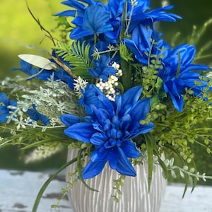 Dahlia Arrangement for Home Decor, Elegant Blue Silk Flower Arrangement, Blue Dahlia Flower Centerpiece, Faux Wedding Table decor