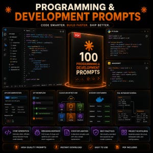 May include: A digital product cover titled 100 Programming & Development Prompts in PDF format, surrounded by dark-themed UI elements including code snippets in Python and JavaScript, API documentation, git workflows, and cloud architecture diagrams.