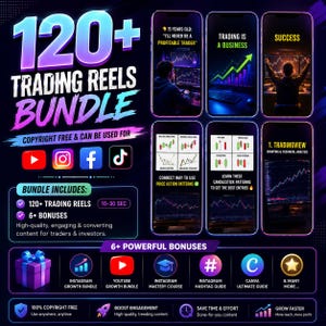 May include: A digital marketing bundle for trading reels featuring the text 120+ TRADING REELS BUNDLE. The graphic displays six smartphone screens showing trading charts, candlestick patterns, and financial analysis, plus icons for social media platforms.