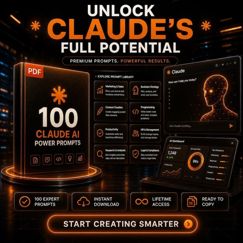 May include: A digital product display featuring a black book titled 100 CLAUDE AI POWER PROMPTS with orange text. Beside it, a screen shows the Claude interface and an AI dashboard with analytics. Text includes UNLOCK CLAUDE'S FULL POTENTIAL.