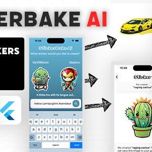 Pode incluir: Imagem mostrando o aplicativo StickerBake AI, projetado para criar adesivos usando IA. A interface do aplicativo é exibida em um smartphone, com exemplos de adesivos gerados, incluindo um Shiba Inu, Homem de Ferro, Sonic e um cacto.