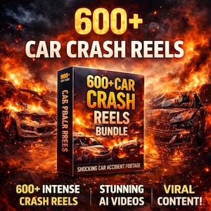 Può includere: Immagine promozionale per un pacchetto digitale di filmati di incidenti automobilistici, intitolato "600+ Car Crash Reels". Il design presenta auto in fiamme e il testo "Shocking Car Accident Footage".