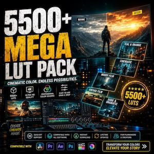 May include: Promotional graphic for a 5500+ Mega LUT Pack. The image shows examples of color grading, software compatibility, and the text "CINEMATIC COLOR. ENDLESS POSSIBILITIES." The title "5500+ MEGA LUT PACK" is in white and yellow.