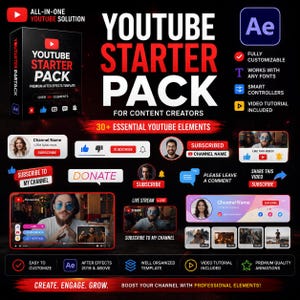May include: A promotional graphic for a YouTube Starter Pack, featuring a black box with the product name and a variety of elements for content creators. Includes subscribe buttons, video tutorials, and customizable features. Text includes "Create. Engage. Grow."
