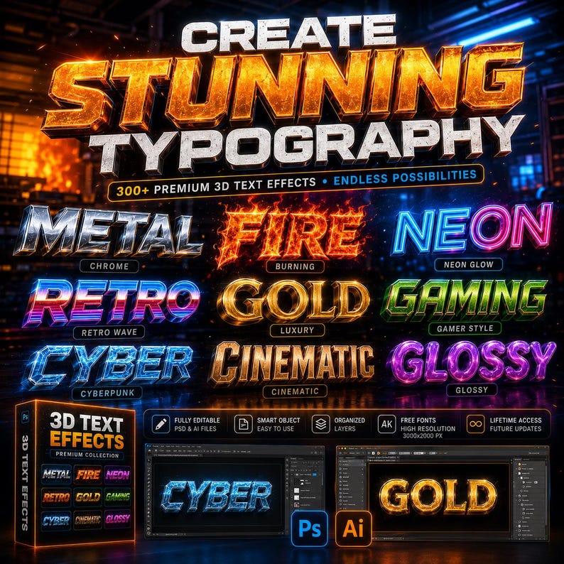 May include: A promotional graphic for 3D text effects. The image features the words "CREATE STUNNING TYPOGRAPHY" in a bold, metallic font. Below are examples of text effects, including "METAL," "FIRE," and "NEON." The graphic also includes software logos.