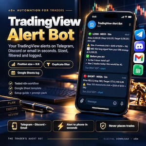 Puede incluir: Una pantalla de producto digital para un TradingView Alert Bot con un smartphone mostrando notificaciones de trading. El texto incluye n8n AUTOMATION FOR TRADERS, TradingView Alert Bot y varias métricas. Iconos de Telegram, Discord, Gmail y Google Sheets visibles.