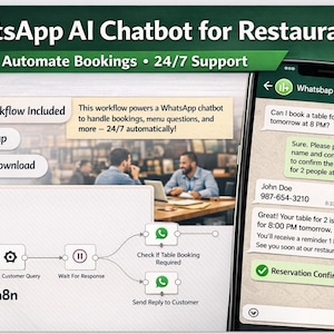 May include: Image promoting a WhatsApp AI chatbot for restaurants. The graphic includes a smartphone displaying a chat conversation for a table reservation, a workflow diagram, and the text "Automate Bookings 24/7 Support."