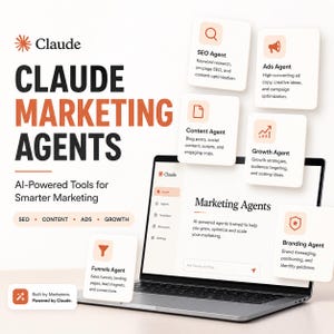 Puede incluir: Un ordenador portátil muestra un panel de marketing con tarjetas flotantes tituladas Claude Marketing Agents, AI-Powered Tools for Smarter Marketing. Las tarjetas detallan roles específicos como SEO, Ads, Content, Growth, Funnels y Branding.