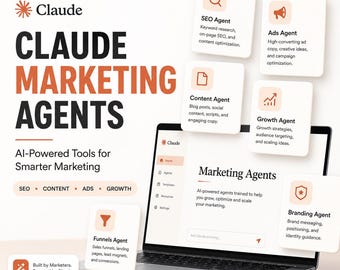 May include: A laptop displaying a marketing dashboard with floating cards labeled Claude Marketing Agents, AI-Powered Tools for Smarter Marketing. Cards detail specific roles: SEO, Ads, Content, Growth, Funnels, and Branding Agents with icons.