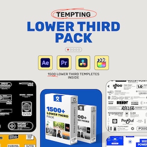 Puede incluir: Imagen promocional para un paquete de tercios inferiores, con un diseño azul y blanco con el texto "TEMPTING LOWER THIRD PACK". La imagen incluye iconos para software de edición de vídeo y cajas de productos con el texto "1500+ LOWER THIRD PACK."