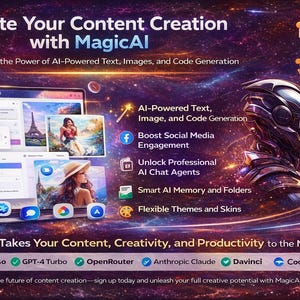 May include: A digital graphic promoting MagicAI, featuring a futuristic helmeted figure and a laptop displaying content creation tools. Text highlights AI-powered text, image, and code generation, social media engagement, and professional AI chat agents.