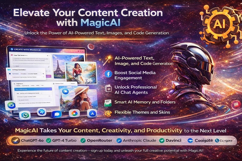 May include: A digital graphic promoting MagicAI, featuring a futuristic helmeted figure and a laptop displaying content creation tools. Text highlights AI-powered text, image, and code generation, social media engagement, and professional AI chat agents.