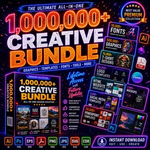 May include: A vibrant graphic promoting a creative bundle with over 1,000,000 design assets. The image features text like "Creative Bundle," "Graphics," "Templates," and "Fonts." It includes icons for various file types and software, and promises instant download and lifetime access.