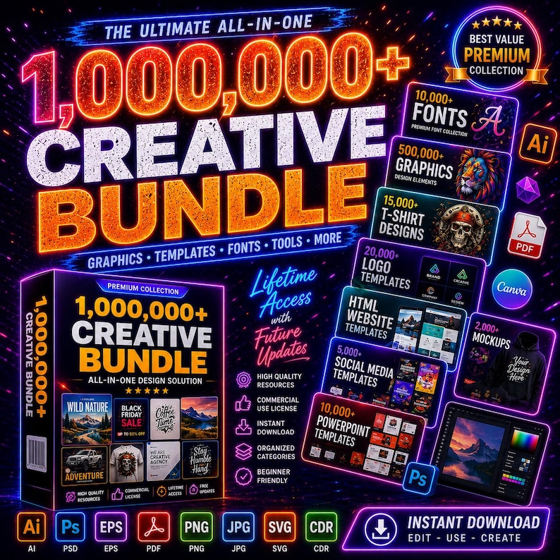 May include: A vibrant graphic promoting a creative bundle with over 1,000,000 design assets. The image features text like "Creative Bundle," "Graphics," "Templates," and "Fonts." It includes icons for various file types and software, and promises instant download and lifetime access.