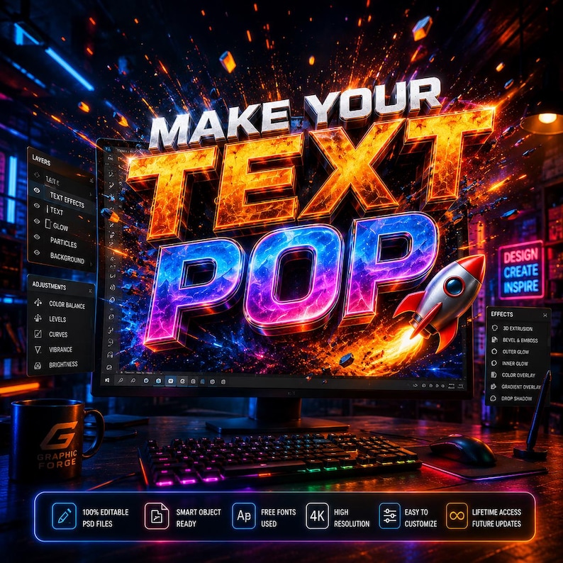 May include: A computer monitor displays the words "MAKE YOUR TEXT POP" in vibrant orange, blue, and purple colors, with a rocket ship graphic. The image includes a keyboard, mouse, and a mug with the letter "G". The image also includes the text "100% Editable PSD Files".