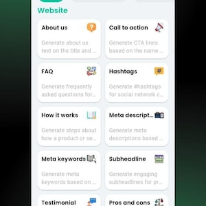 Może przedstawiać: Interfejs aplikacji mobilnej "AI Tools" z opcjami generowania treści na strony internetowe. Zawiera narzędzia dla "O nas", "Wezwanie do działania", "FAQ", "Hashtagi", "Jak to działa", "Meta opis", "Meta słowa kluczowe", "Podtytuł", "Referencje" i "Plusy i minusy".