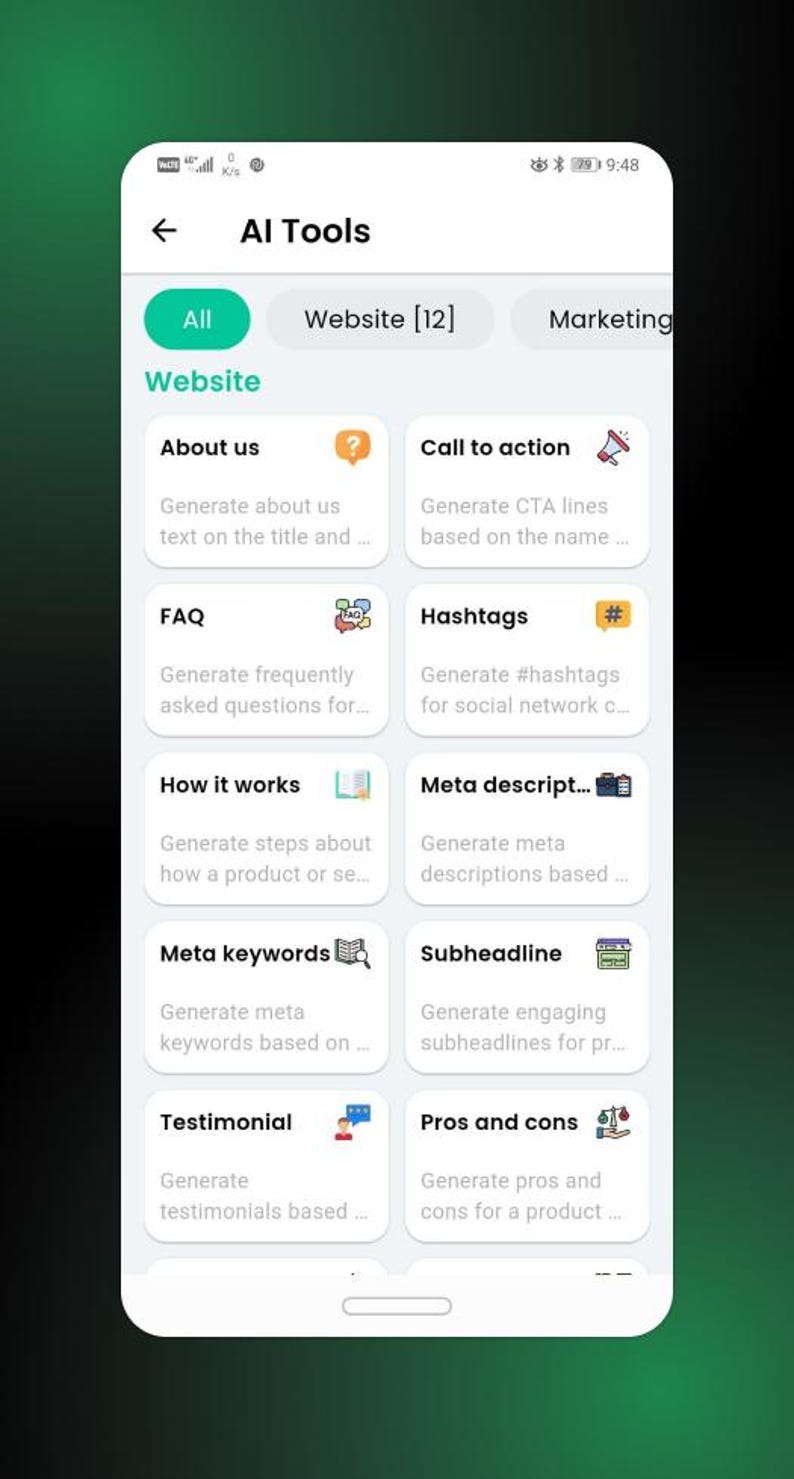 Może przedstawiać: Interfejs aplikacji mobilnej "AI Tools" z opcjami generowania treści na strony internetowe. Zawiera narzędzia dla "O nas", "Wezwanie do działania", "FAQ", "Hashtagi", "Jak to działa", "Meta opis", "Meta słowa kluczowe", "Podtytuł", "Referencje" i "Plusy i minusy".