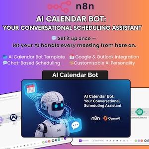 May include: Promotional graphic for n8n's AI Calendar Bot. The image features a futuristic robot with a brain-shaped head, a calendar icon, and the text "AI Calendar Bot: Your Conversational Scheduling Assistant." Additional text highlights features like Google & Outlook integration.
