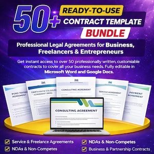 May include: A digital product bundle with over 50 ready-to-use contract templates for business, freelancers, and entrepreneurs. The image shows a laptop displaying a consulting agreement, surrounded by printed agreements. Text includes "Ready-to-Use Contract Template Bundle."