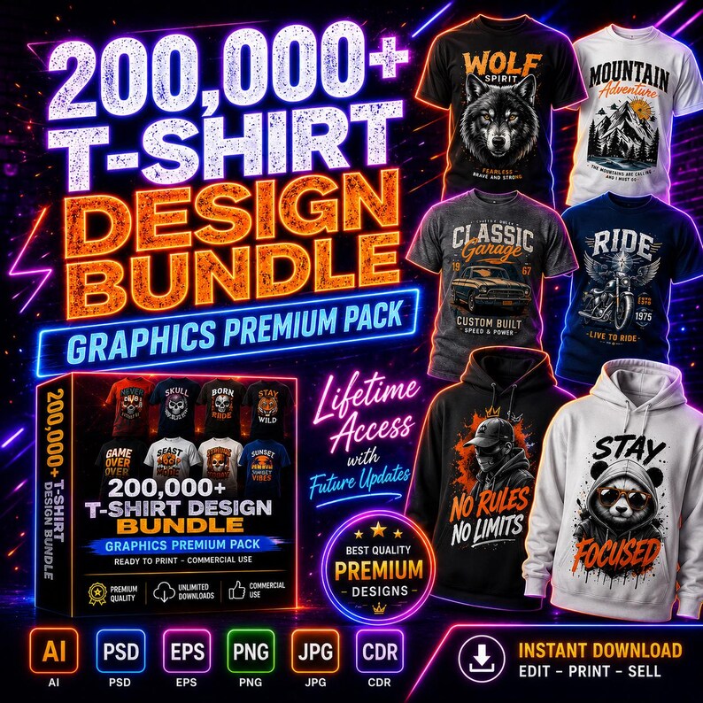 May include: A promotional graphic for a t-shirt design bundle. The image features various t-shirt designs with graphics, including a wolf, mountains, a classic car, a motorcycle, and a panda. Text includes "200,000+ T-Shirt Design Bundle" and "Graphics Premium Pack."
