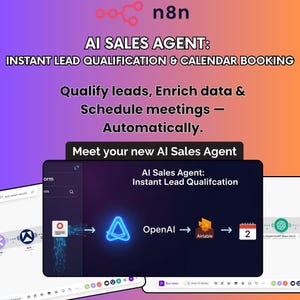 Pode incluir: Um anúncio para um agente de vendas de IA. A imagem apresenta o logotipo n8n, o texto "AI SALES AGENT: INSTANT LEAD QUALIFICATION & CALENDAR BOOKING" e um gráfico mostrando o processo de qualificação de leads e agendamento de reuniões.