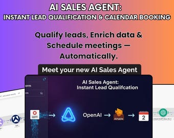 May include: An advertisement for an AI sales agent. The image features the n8n logo, text that reads "AI SALES AGENT: INSTANT LEAD QUALIFICATION & CALENDAR BOOKING", and a graphic showing the process of lead qualification and meeting scheduling.