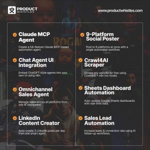 Pode incluir: Imagem escura com o logotipo da Product Whistles e o endere&ccedil;o do site. Lista ferramentas de automa&ccedil;&atilde;o como Claude MCP Agent, 9-Platform Social Poster, Chat Agent UI Integration e Crawl4AI Scraper.