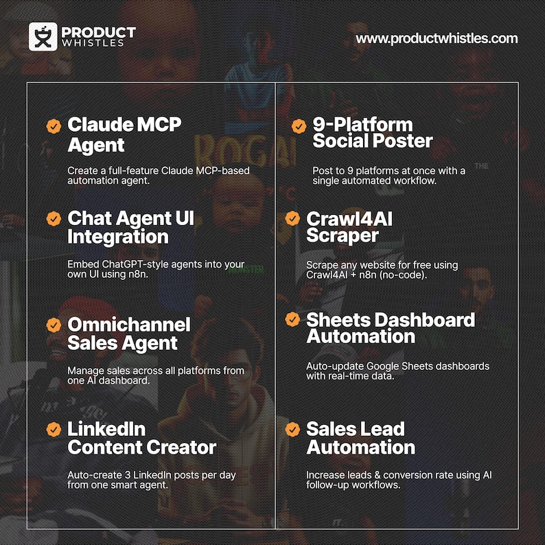 Pode incluir: Imagem escura com o logotipo da Product Whistles e o endere&ccedil;o do site. Lista ferramentas de automa&ccedil;&atilde;o como Claude MCP Agent, 9-Platform Social Poster, Chat Agent UI Integration e Crawl4AI Scraper.