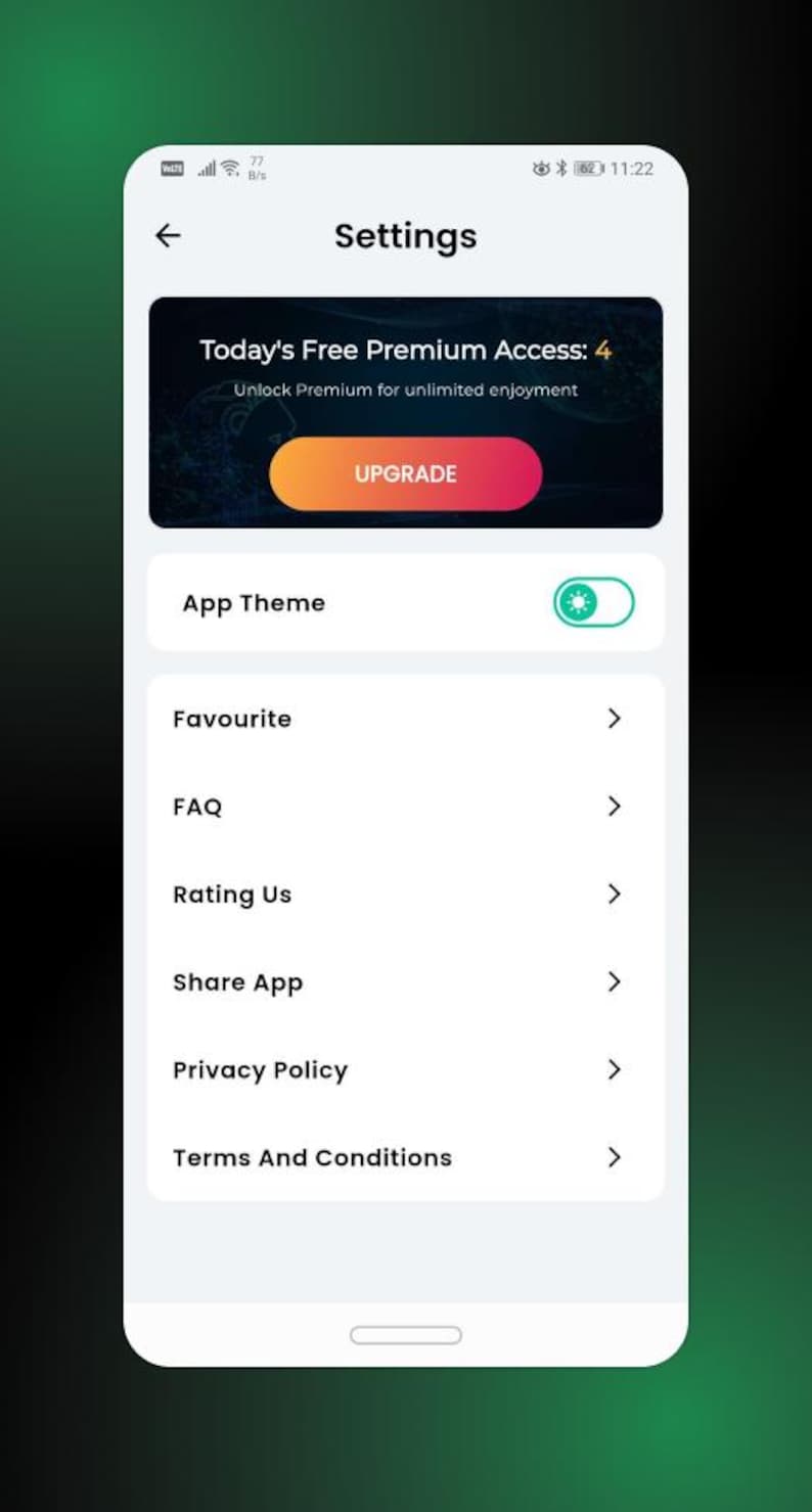 Może przedstawiać: Zrzut ekranu ustawień aplikacji mobilnej. Ekran wyświetla opcje takie jak 'App Theme', 'Favorite', 'FAQ', 'Rating Us', 'Share App', 'Privacy Policy' i 'Terms And Conditions'. Baner u g&oacute;ry promuje 'Today's Free Premium Access: 4' z przyciskiem 'Upgrade'.