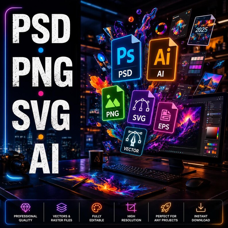 May include: Digital art graphic with the text "PSD PNG SVG AI" in white. Floating icons represent file types: PSD, PNG, SVG, AI, EPS, and Vector. A computer monitor displays design software, with additional icons and the year "2025".