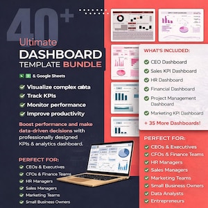 May include: A digital marketing image showcasing a "Dashboard Template Bundle" with over 40 templates. The image includes a laptop displaying a dashboard, charts, and graphs. Text highlights features like visualizing data, tracking KPIs, and improving productivity.