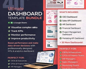 May include: A digital marketing image showcasing a "Dashboard Template Bundle" with over 40 templates. The image includes a laptop displaying a dashboard, charts, and graphs. Text highlights features like visualizing data, tracking KPIs, and improving productivity.