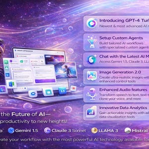 May include: A digital illustration showcasing AI technology. A laptop displays various AI features, including GPT-4 Turbo, image generation, and data analytics. The image includes text: "Discover the Future of AI - Take your productivity to new heights!"