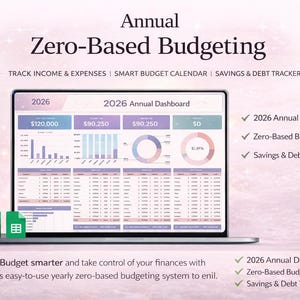 Puede incluir: Una computadora portátil muestra un panel anual de 2026 para la presupuestación de base cero. La pantalla muestra gráficos y datos financieros. El texto incluye "Seguimiento de ingresos y gastos", "Calendario de presupuesto inteligente" y "Seguimiento de ahorros y deudas".