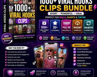 May include: A digital marketing bundle titled 1000+ Viral Hooks Clips Bundle featuring a collection of short-form video content for social media platforms. The graphic includes text, icons, and smartphone mockups displaying various video thumbnails.