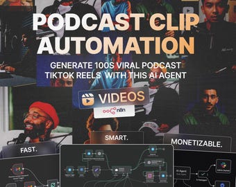 Automatización de clips de podcast con IA: Generador de vídeos virales, plantilla n8n (descarga digital)
