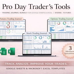 Może przedstawiać: Obraz cyfrowego pakietu produktów dla day traderów. Obraz przedstawia trzy laptopy wyświetlające dzienniki transakcyjne dla kontraktów terminowych, akcji i opcji. Tekst brzmi "Pro Day Trader's Tools" i "Track, Analyze, Improve Your Trades."