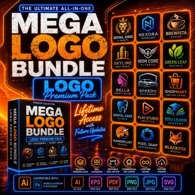 May include: A digital graphic design bundle titled "MEGA LOGO BUNDLE" with a variety of logo designs. The image includes logos for various businesses, such as a coffee shop, beauty salon, and auto garage. The bundle includes 10,000+ logos and is compatible with Adobe Illustrator and Photoshop.
