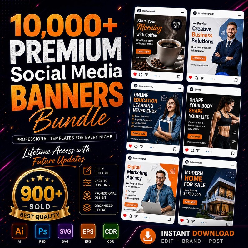 May include: A bundle of 10,000+ premium social media banners. The image features various social media post templates for different niches, including coffee, business solutions, online education, fitness, digital marketing, and real estate. The bundle includes editable templates and lifetime access.