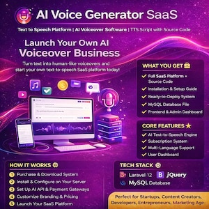 May include: An advertisement for an AI Voice Generator SaaS platform. The image features a computer, smartphone, and server tower, with text highlighting features like AI text-to-speech, multi-language support, and a user dashboard.