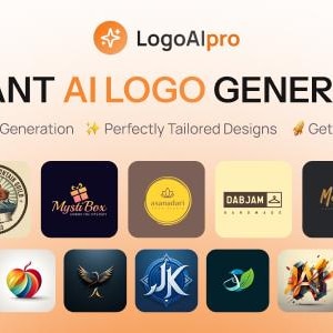 Può includere: Immagine promozionale per LogoAlpro, un generatore di logo AI istantaneo. L'immagine presenta il testo "INSTANT AI LOGO GENERATOR" e diversi esempi di loghi in vari stili. I loghi sono di forma quadrata e circolare, con diversi colori e design.