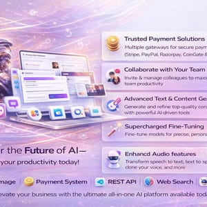 May include: An artistic digital illustration promoting an AI platform. The image features a laptop with app icons, a futuristic figure, and text boxes highlighting features like payment solutions and content generation. The text reads "Discover the Future of AI".