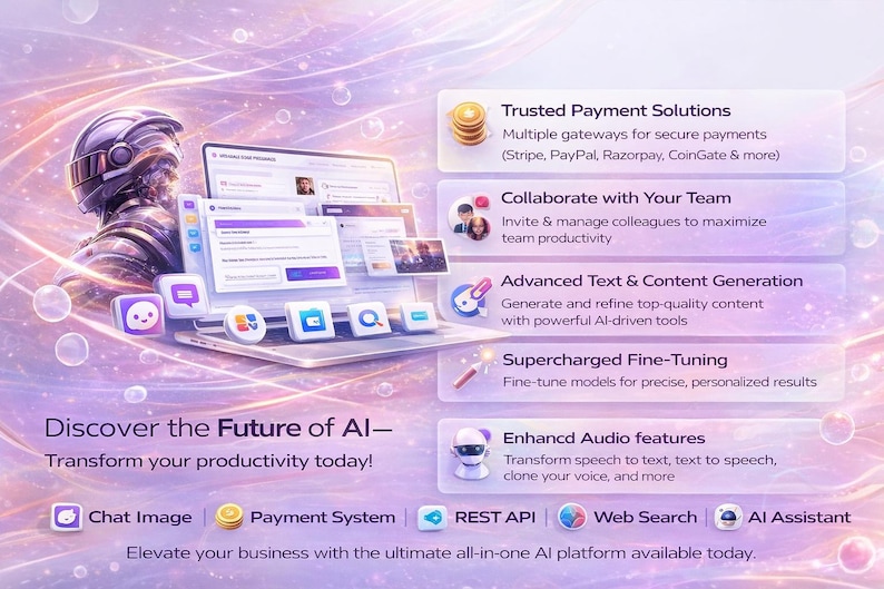 May include: An artistic digital illustration promoting an AI platform. The image features a laptop with app icons, a futuristic figure, and text boxes highlighting features like payment solutions and content generation. The text reads "Discover the Future of AI".