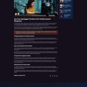 May include: Webpage screenshot with the title "BLOG DETAILS". The main image shows a woman working on a laptop with a camera and microphone. Text on the page discusses AI in YouTube comment management.