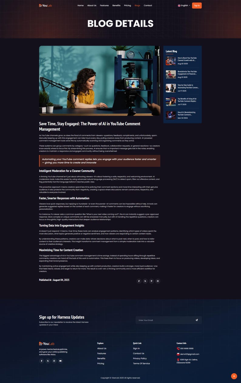 May include: Webpage screenshot with the title "BLOG DETAILS". The main image shows a woman working on a laptop with a camera and microphone. Text on the page discusses AI in YouTube comment management.